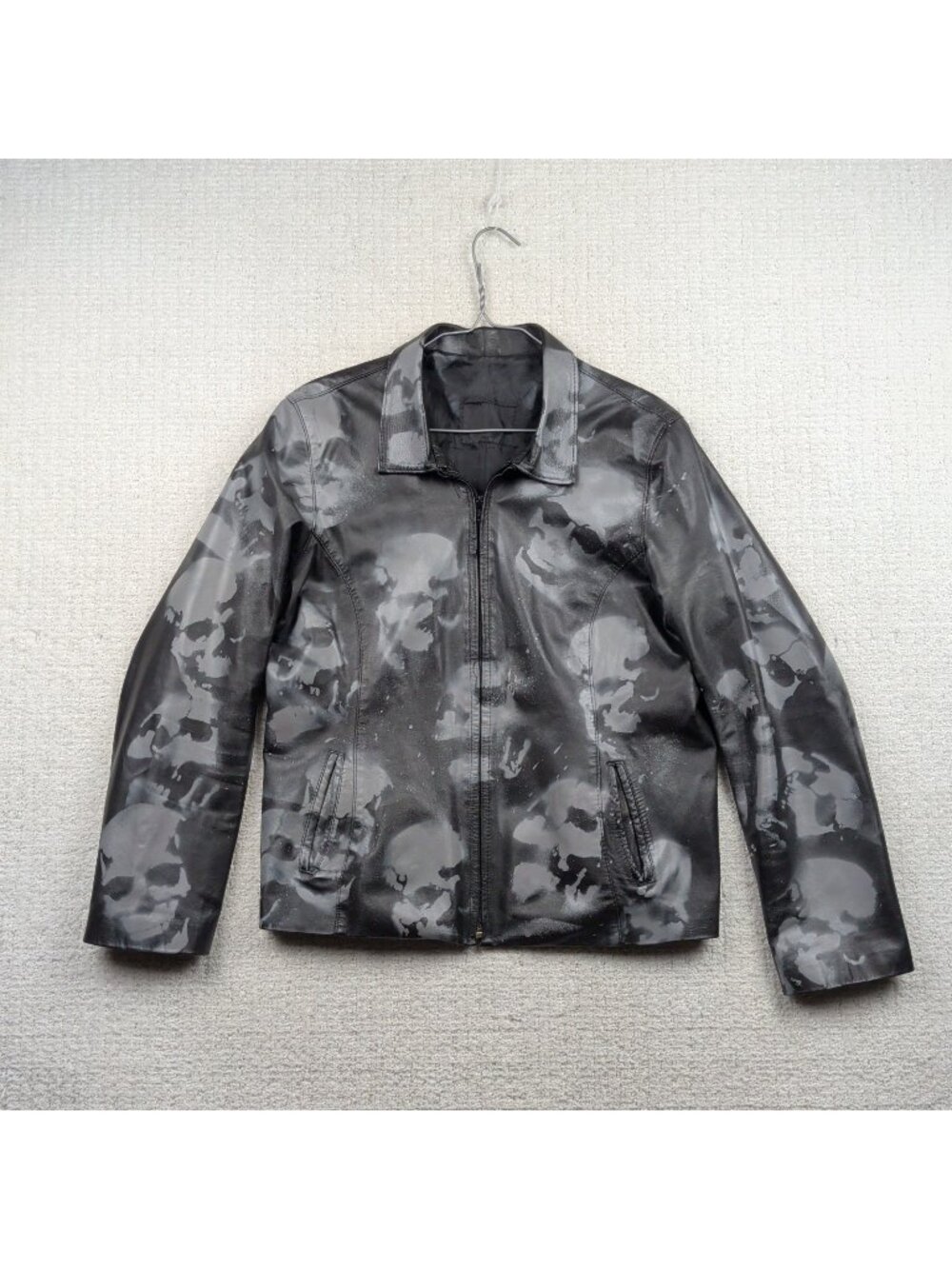 Y2K Black Full Zip Moto Jacket Grunge Punk Distressed Skull AOP Gothic Read